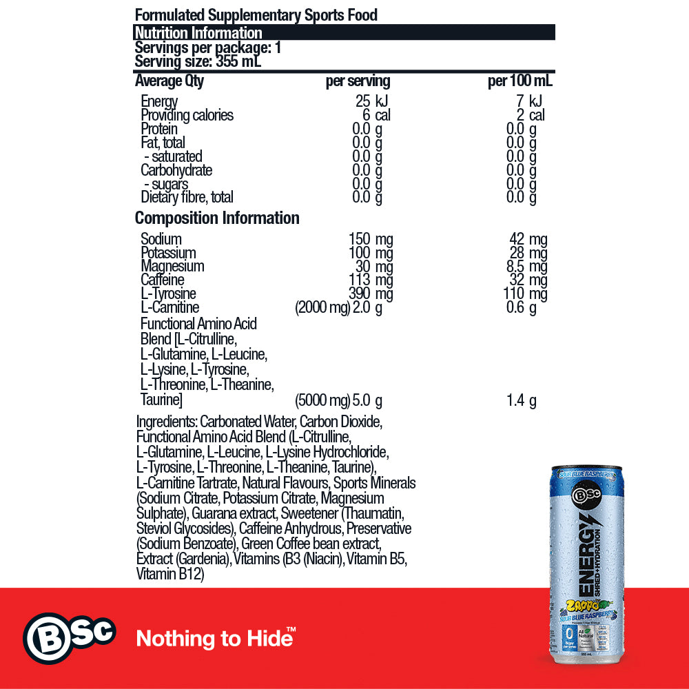 BSc Energy Shred+Hydration Zappo - Sour Blue Raspberry 355ml - nutrition information panel