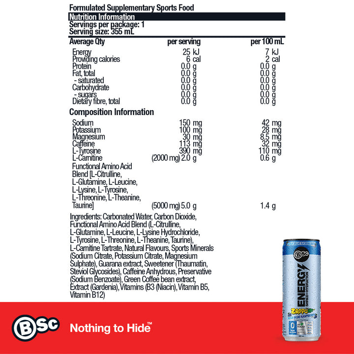 BSc Energy Shred+Hydration Zappo - Sour Blue Raspberry 355ml - nutrition information panel