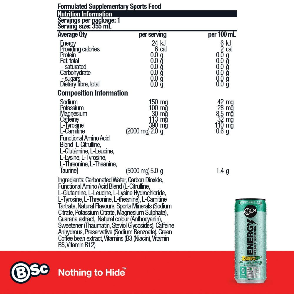 BSc Energy Shred+Hydration Zappo - Sour Watermelon 355ml - nutrition information panel