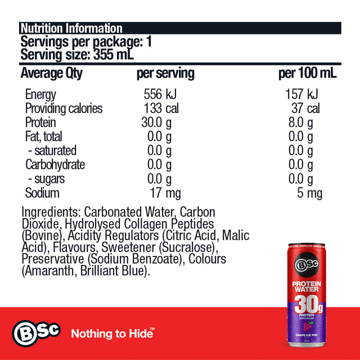 BSc 30g Protein Water Can - Grape Ice Pop 355ml - nutrition information panel