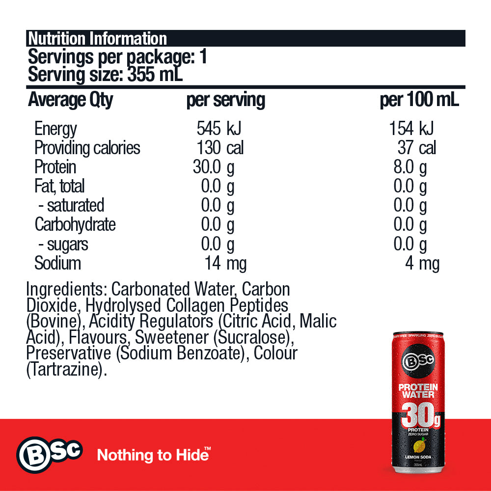 BSc 30g Protein Water Can - Lemon Soda 355ml - nutrition information panel