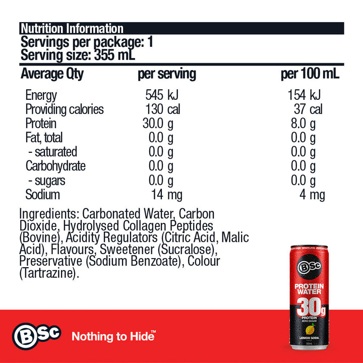 BSc 30g Protein Water Can - Lemon Soda 355ml - nutrition information panel